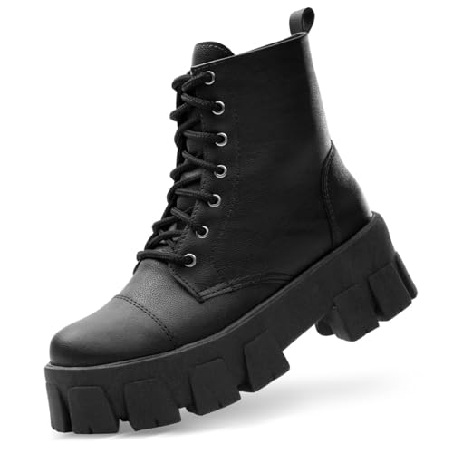 Coturno Tratorado Feminino Salto Grosso Moda Plataforma Bota Sint. Preto36