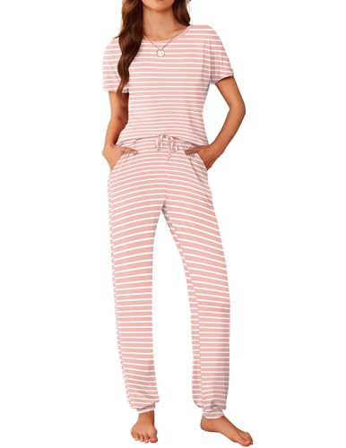 Image of Ekouaer Womens Pajama Sets Short Sleeve Lounge Sets for Women Printed Jogger Pajama Set 2 Piece Pj Sets With Pockets S-XXL
