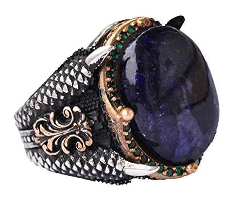 Falcon Jewelry KAMBO Natural Cabochon Sapphire Gemstone Men's Ring, 925 Sterling Silver Eagle Claw Design