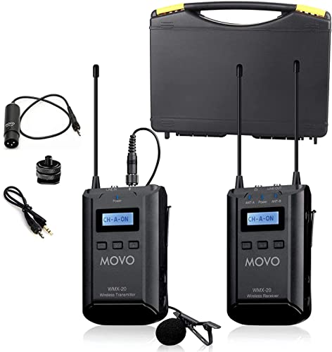 Movo WMX-20 48-Channel UHF Wireless Lavalier Microphone System with 1 Receiver, 1 Transmitter, and 1 Lapel Microphone Compatible with DSLR Cameras (330' ft Audio Range)