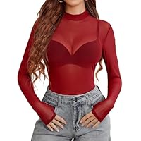 Avidlove Women's Mesh Tops Sexy Long Sleeve T-Shirt Half Mock Neck Bodysuit Slim Fit Rave Outfit Casual Blouse Tee Festival Clubwear Y2K Party Shirt Red L