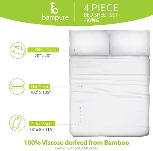 BAMPURE Luxury Series King Sheet Set - 100% Viscose derived from Bamboo Sheets King Size - Super Soft Viscose Bamboo Cooling Sheets for Hot Sleepers -Up to 16’’ Deep Pocket King Sheet Set (White) - Thumbnail 4