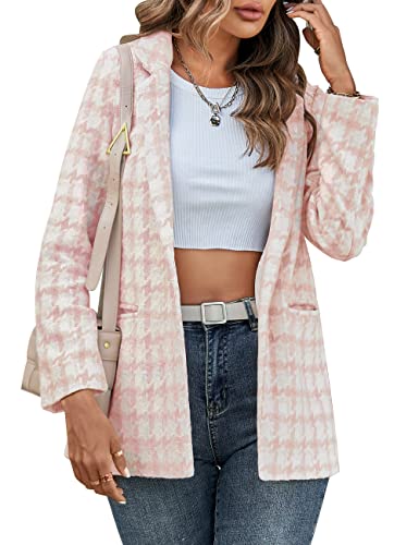 Merokeety Women's Houndstooth Plaid Winter Fall Blazer Coat Lapel Collar Business Jacket Outerwear, Pink, Xl #TOP1
