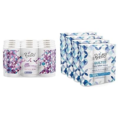Marca Amazon Presto! Papel de cocina extragrande 18  6x3  rollos de 3 capas + Papel higiénico de 3 capas ACOLCHADO- 36  4x9  rollos  200 hojas x rollo - Diseño: Joya