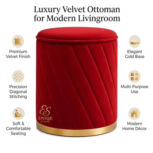 Image of Luxury Round Velvet Ottoman Stool with Gold Base - Modern Upholstered Footrest Pouffe, Tufted Vanity Seat, Living Room Bedroom Dressing Stool (Red)
