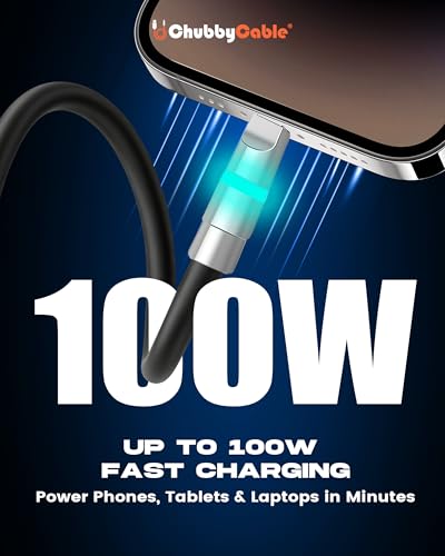 Image of chubbycable 100W USB A to C Charge Cable with LED Light, Black, 1.64 FT | 45,000+ Bend Tested, 480Mbps Data Transfer, E-Marker Safety Chip, 6mm Extra Thick, Tangle-Free Design