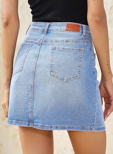 Image of Sidefeel Women's Jean Skirt High Waist Drawstring Stretchy Casual Summer Loose Fit Trendy Mini Denim Skirt with Pockets