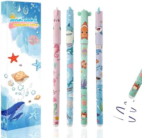 Flanliy Radierbarer Kugelschreiber Unterwasserwelt Edition 2026, 4PCS Radierbare Stifte mit Motiven von Haien, Delfinen, Seepferdchen und Clownfischen, 0,5 mm, Blau für Schule Büro