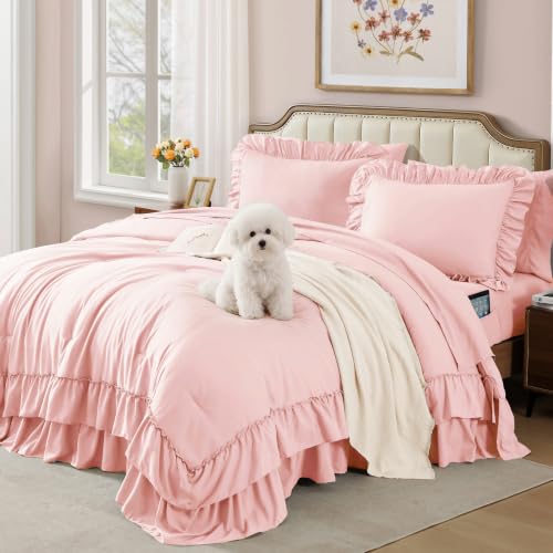 Image of King Size Comforter Set Rosewater Ruffle 7 Pieces Farmhouse Bed in a Bag | Shabby Chic Fluffy All Season Bedding Sets with Sheets, Pillowcases & Shams