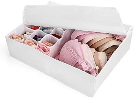 Foldable Closet Underwear Organizer With Lid,Drawer Divider Organizers,Perfects for Sorting Storage Socks,Bra,Scarves and Lingerie in Wardrobe or Under bed,Breathable Washable Oxford Fabric(white)