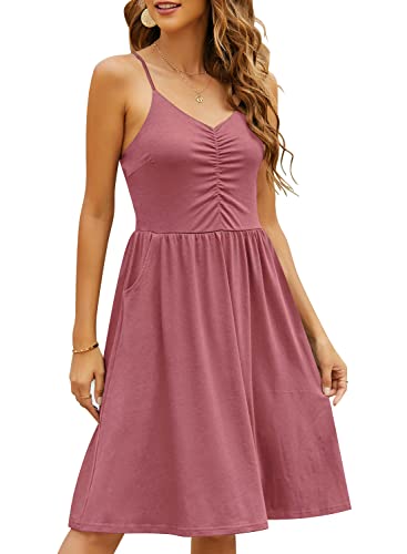 Image of YATHON Casual Dresses for Women Sleeveless Cotton Summer Beach Dress A Line Spaghetti Strap Sundresses with Pockets