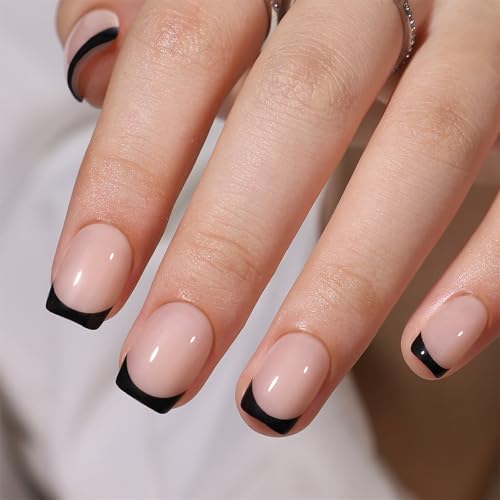 CUZIAM Press On Nails Black French Tip, 32pcs 16 Sizes Short Square Press on Nails for Women Girls, Natural Nude Stick on Nails Reusable Glossy Soft Real Salon Manicure with Nail Glue-Black French