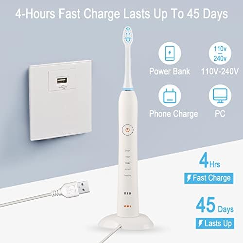 CALLYSONIC Sonic Toothbrush for Kids Adult, Rechargeable Electric Toothbrushes with 2 Replacement Brush Heads for Teeth and Tongue Clean, 5 Whitening Modes, USB Toothbrush Charge Base - H49 White