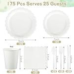 175 Pcs White Paper Plates and Napkins, 25 Guest White Party Supplies Include Scalloped Plates Paper Napkin Cup Plastic Spoon Fork Knive for Baby Shower, Wedding, Birthday - Image 2