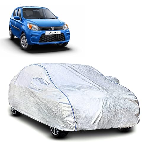 Image of Kerwa Car Body Cover Waterproof Compatible with Maruti Alto 800 | Scratch Proof, Anti-Dust, UV Protection | Windproof Buckle Strap | Fitted Bottom Elastic | Side Mirror Pockets-Silver