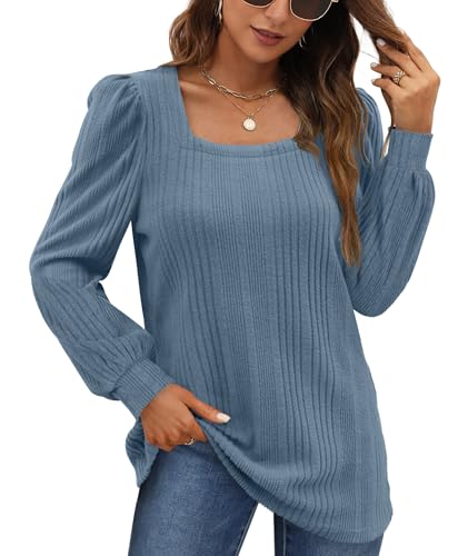 WIHOLL Pullover Damen Puffärmel Strickpullover Quadratischer Hals Langarmshirt Top Herbst Winter Tunika Lässiger Oberteile Elegant Blau L