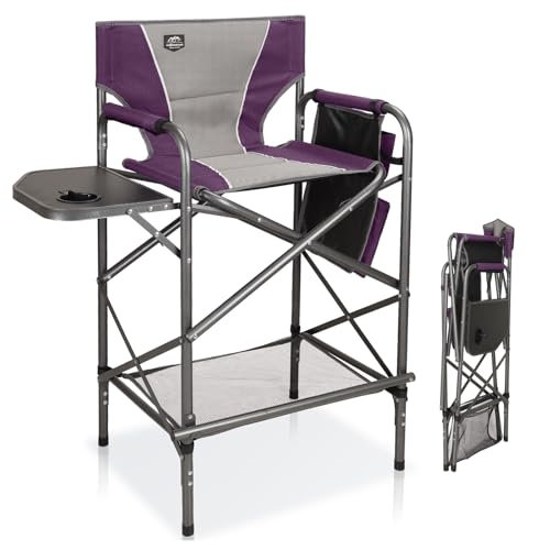 LANMONTAIN Folding Tall Director Chairs,30.7'' Seat High Makeup Solan Chairs,Portable Camping Chair w/Side Table Functional Pocket and Footrest,Comfy Bar Stool Heavy Duty Supports 350 Lbs,Purple