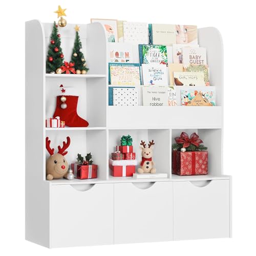 Image of FOTOSOK 47'' Kids Bookcase and Bookshelf, Multifunctional Bookcase with 5 Storage Cubbies and 3 Movable Drawers, Bookcase Display Stand, Toy Storage Organizer for Bedroom, Playroom, Hallway, White