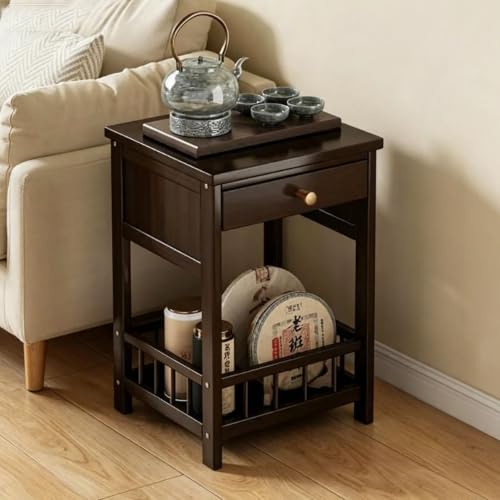 Bamboo Side Table with Drawer 3 Tier Storage End Table for Living Room