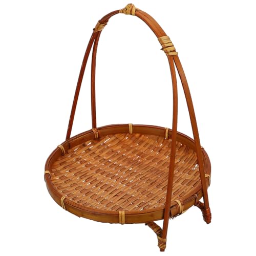 LABRIMP Bamboo Woven Basket with Handle 8.66X7.48X7.48In Rustic Snack Stand Fruit Dessert Organizer for Kitchen Countertop Storage and Party Display