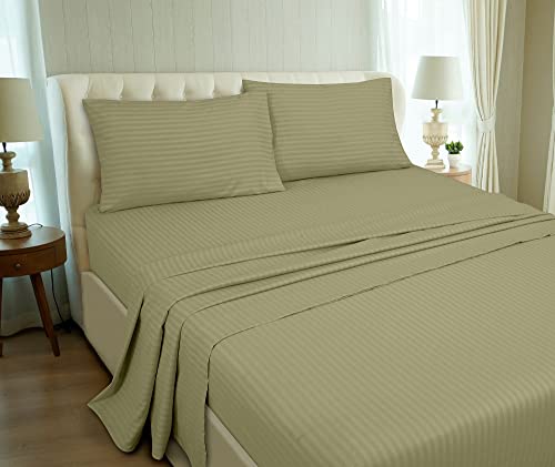Royale Linens Striped Bed Sheet Set - Microfiber 1800 Bedding - 1 Fitted Sheet, 1 Flat Sheet, 2 Pillow Case - Wrinkle & Fade Resistant - 4 Piece Damask Stripe Queen Bed Sheet Set (Queen, Sage Green) #TOP4