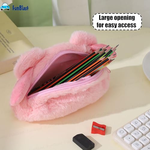 Image of FunBlast Fur Pencil Pouch for Girls - Cute Cartoon Animal Pouch, Multi-Purpose Zipper Case for School Kids, Cosmetic Pouch for Girls, Coin & Travel Pouches for School /Office (Pink-B)