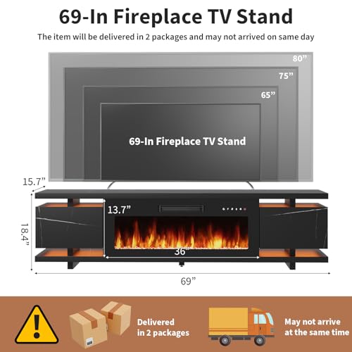 TV Stand with Electric Fireplace, Marble Textured LED Entertainment Center with 36" Electric Fireplace, Hidden Gloss Storage, Modern Black TV Stand for Living Room, Fits Up to 80 Inch Screens，Black