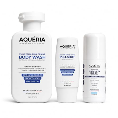 Aqueria Complete De-Tan & Brightening Body Care Combo | 5.5% AHA BHA Underarm Brightening Roll On (50ml) + Instant De-Tan Exfoliating Body Wash (200ml) + 10% Enzyme Peel Shot (40ml) | Helps Reduce Tan, Dark Spots, Pigmentation & Uneven Skin Tone | For Men & Women