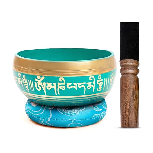 Tibetan Singing Bowl Set Brass - Master Healing Grade - Authentic Handcrafted Sound Bowl by Himalayan Bazaar (Turquoise)