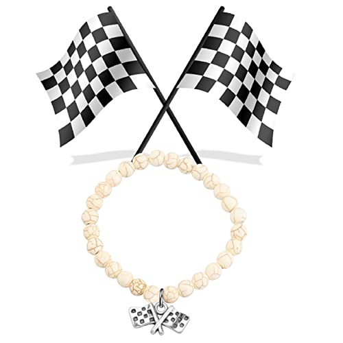 Feelmem Checkered Flag Bracelet Racer Gift Racing Flags Charm Bead Bracelet Race Car Dirtbike Motocross Gifts Racing Fans Gifts (Flag Bracelet) #TOP2