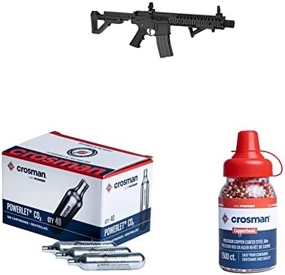 DPMS Full Auto SBR CO2-Powered BB Air Gun w/Dual Action Capability DSBR, Black + Crosman 12-Gram CO2 Powerlet Cartridges + Crosman Copperhead 4.5mm Copper Coated BBS in EZ-Pour Bottle (1500-count)