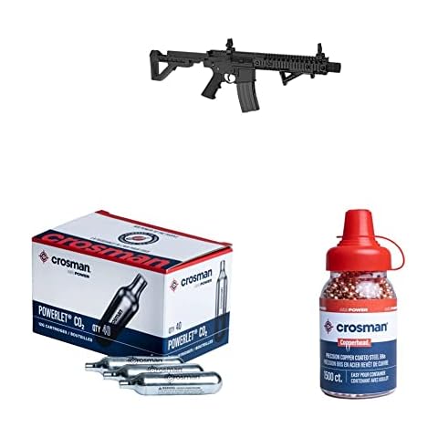 DPMS Full Auto SBR CO2-Powered BB Air Gun w/Dual Action Capability DSBR, Black + Crosman 12-Gram CO2 Powerlet Cartridges + Crosman Copperhead 4.5mm Copper Coated BBS in EZ-Pour Bottle (1500-count) Cover