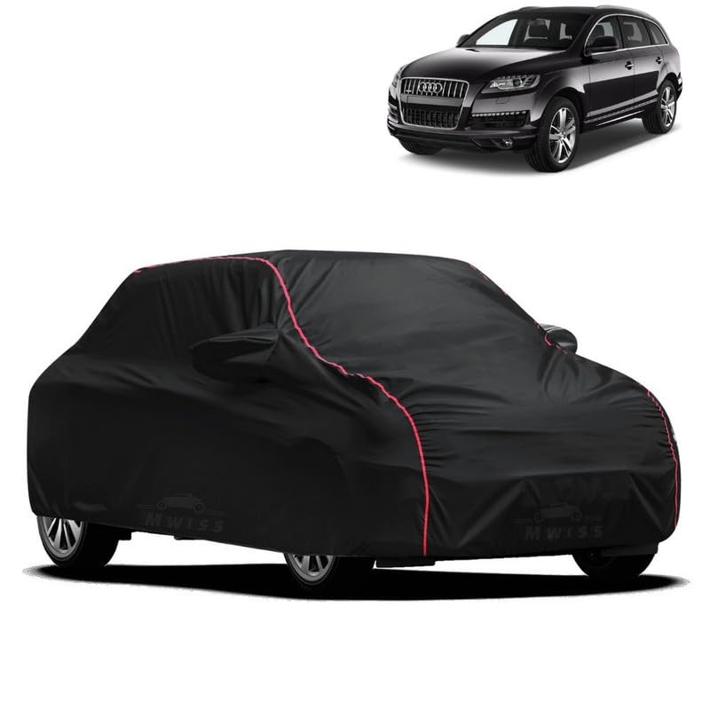 Image of Waterproof Car Cover for Audi Q7 | All-Weather Protection, Dustproof & UV Resistant | Triple Stitched Mirror Pockets, Windproof Buckle Strap with Elastic Hem, Black-Red Piping
