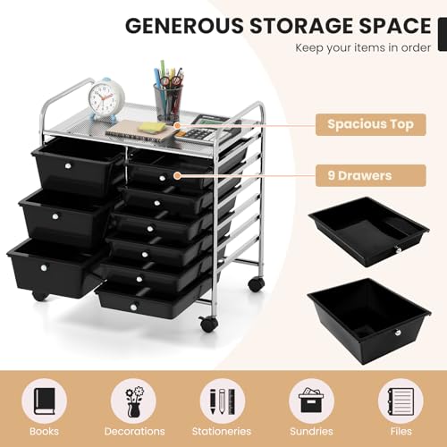 Image of LDAILY 9 Drawer Rolling Storage Cart, Rolling Cart with Drawers for Classroom, Art Supply Craft Organizer on Wheel with Metal Frame & Handles for Home Office School