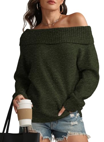 ATHMILE Green Off the Shoulder Sweater Womens Oversized Spring Tops Batwing Sleeve Loose Pullover Fall Winter Outfits