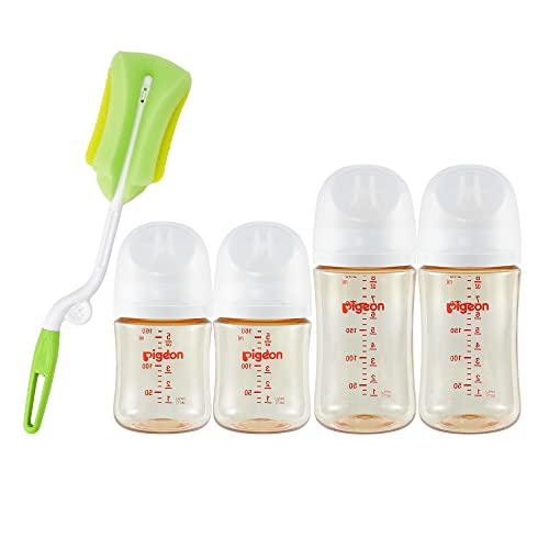 Image of Pigeon PPSU Nursing Baby Bottle Wide Neck(Pack of 4), Streamlined Body, Natural Feel, Easy to Clean, Heat-Resistant, 5.4Oz and 8.1Oz, with a Sponge Bottle Brush