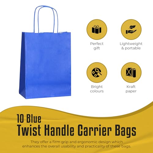Thepaperbagstore 10 Blue Small Paper Party Bags With Handles - 18x22x8cm - Colourful Paper Gift Bags for Kids and Adults Parties, Birthdays, Weddings, Baby Showers, Hen Parties and Sweets