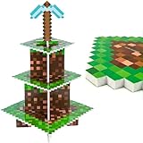 Camtoms Cupcake Stand 3-Tier for Birthday Party Decorations - Pixel Game Style Cupcake Holder for Boys - Cupcake Toppers Display - Gaming Themed Party Supplies