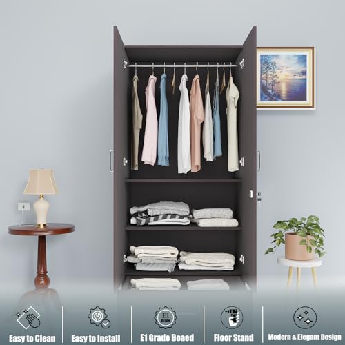 Image of VIKI Wardrobe | Wooden Almirah for 2 Door Wardrobe with 1 Drawer & Hanging Space with Mirror (Dark Wenge - 40D x 80W x 180.8H) | 1 Year Warranty | Free Assembly
