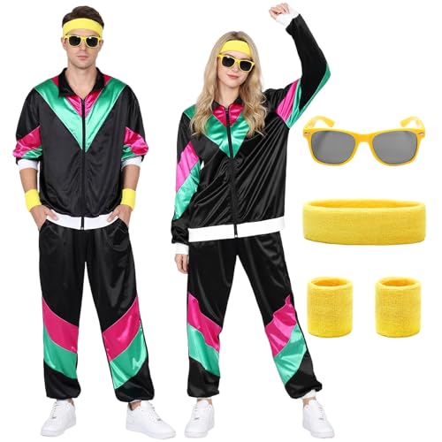 Essestim Retro 80s 90s Tracksuit Costume Men,5 Pcs Color Block Windbreaker Hip Hop Outfit with Headband Wristbands Sunglasses(Balck, Small) by Essestim - Used condition - US$25.38