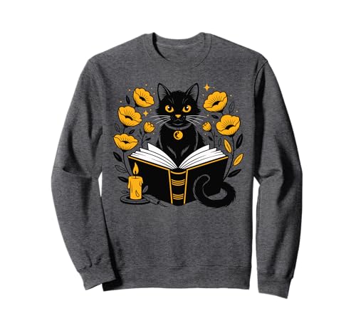 Mystic Cat with Spell Book Candle Flowers Witchcore Sudadera