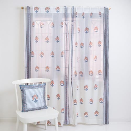 Image of Peepul Tree Pure Cotton Handprinted Blue and Peach Floral Sheer Curtain | Set of 2 | 8 ft | Inspired by Rajasthan Palaces | Royal Courtyards Collection