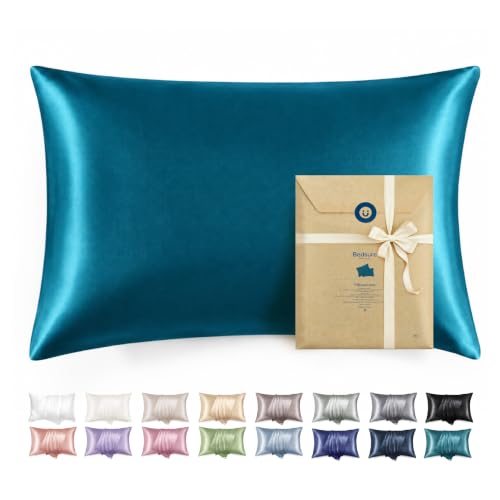 Image of Bedsure Satin Pillowcase with Zipper,King Pillow Cases Set of 2 | Similar to Silk Pillow Cases 2 Pack, Silky & Soft Pillow Cover for Hair and Skin, Gifts for Women Men, Teal, 20x36 Inches