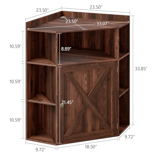 Image of Halitaa Corner Storage Cabinet, Farmhouse Corner Bookshelf with Storage 6-Cubby Wooden Cabinet with USB Ports and Outlets Industrial Organizer for Small Space, Study, Playroom, Living Room, Walnut