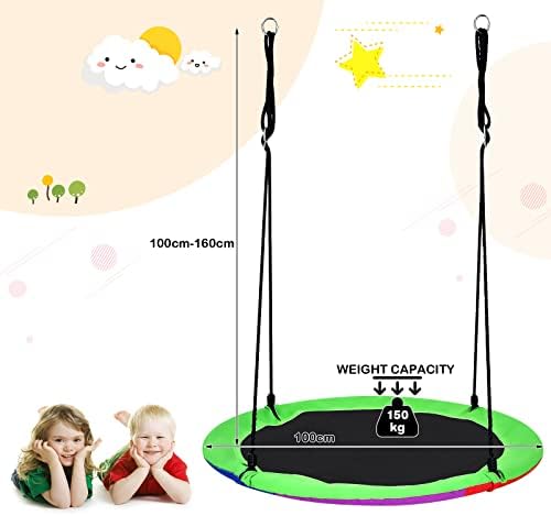 COSTWAY Children Nest Swing, 100cm Hanging Tree Swing Seat with Length Adjustable Rope, Reversible Design Kids Swing Set for Indoor Garden Playground, 150kg Capacity (Green+Multicolour)