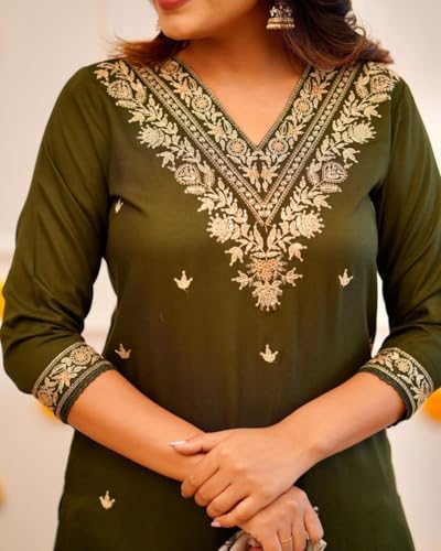 Image of Women Afghani Viscose Rayon Kurta Pant Dupatta Set with Embroidered Neck Work and Floral Print Organza Dupatta | Ethnic Straight Suit Set