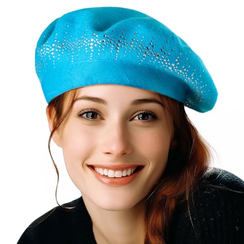 Rhinestone 2 Layers Wool Beret Hats for Women French Barette Winter (Lake Blue)