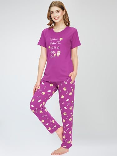 Image of ZEYO Night Suit for Women's Cookies & Cup Printed Cotton Night Dress of Top and Pajama Set 5772