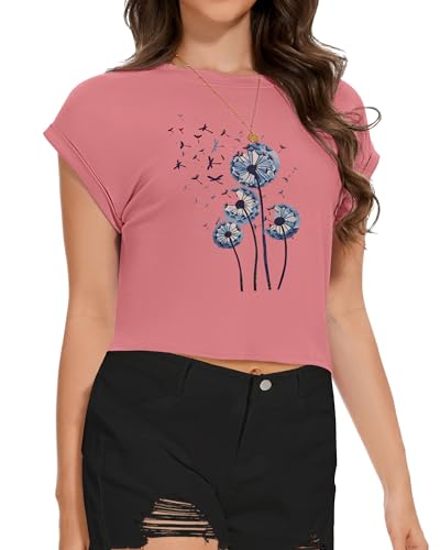 Image of Womens Crop Tops Summer Roll Cap Sleeve Cropped Tshirt Loose Fit Basic Tees