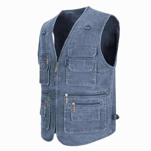 Image of Men's Stone Washed Denim Multi-pocketed Fishing Work Outerwear Vest